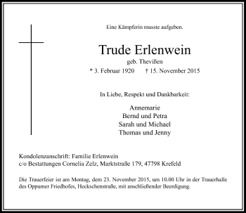 Todesanzeige von Trude Erlenwein von Rheinische Post