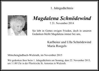 Todesanzeige von Magdalena Schnödewind von Rheinische Post