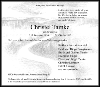 Todesanzeige von Christel Tamke von Rheinische Post