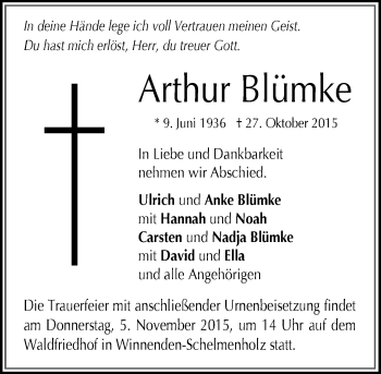 Todesanzeige von Arthur Blümke von Rheinische Post