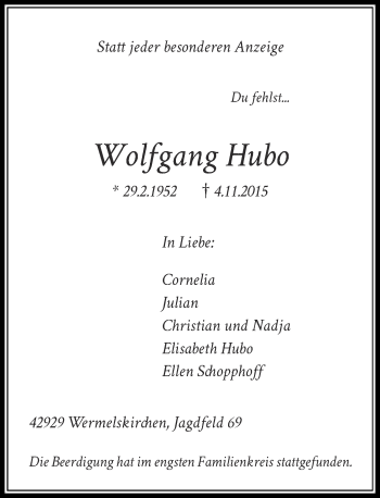 Todesanzeige von Wolfgang Hubo von Rheinische Post