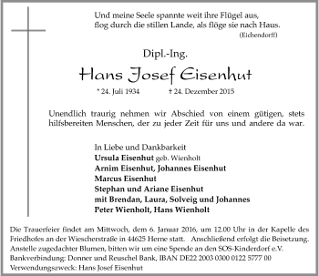 Todesanzeige von Hans Josef Eisenhut von Rheinische Post