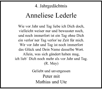Todesanzeige von Anneliese Lederle von Rheinische Post