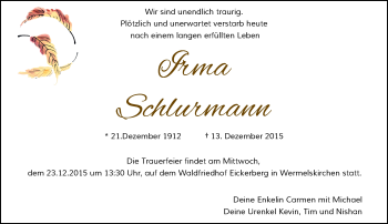 Todesanzeige von Irma Schlurmann von Rheinische Post