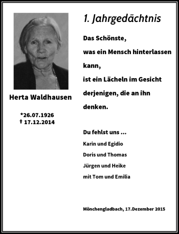 Todesanzeige von Herta Waldhausen von Rheinische Post