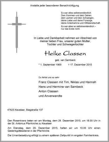 Todesanzeige von Heike Classen von Rheinische Post