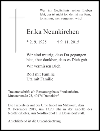 Todesanzeige von Erika Neunkirchen von Rheinische Post