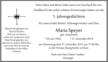 Todesanzeige von Maria Speyer von Rheinische Post