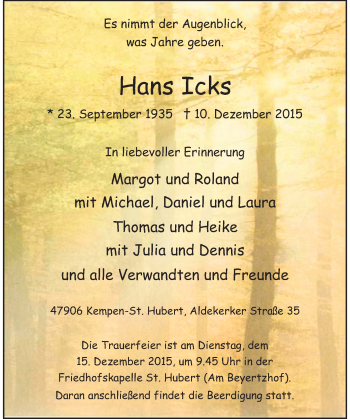 Todesanzeige von Hans Icks von Rheinische Post
