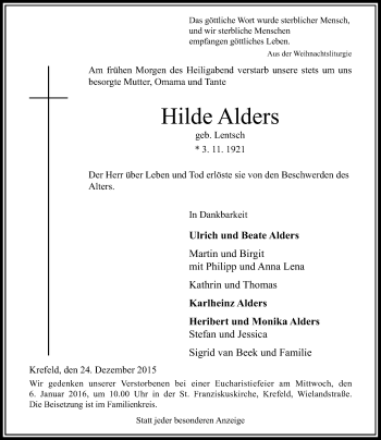 Todesanzeige von Hilde Alders von Rheinische Post