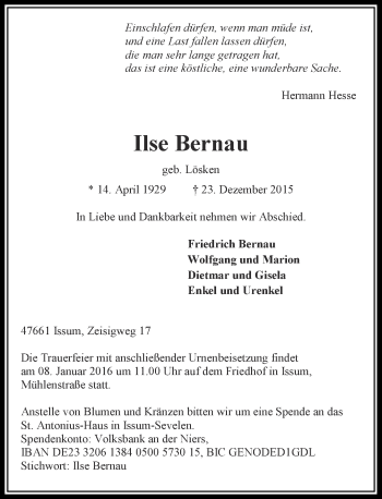 Todesanzeige von Ilse Bernau von Rheinische Post