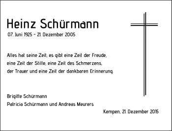 Todesanzeige von Heinz Schürmann von Rheinische Post