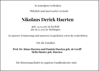 Todesanzeige von Nikolaus Derick Haerten von Rheinische Post