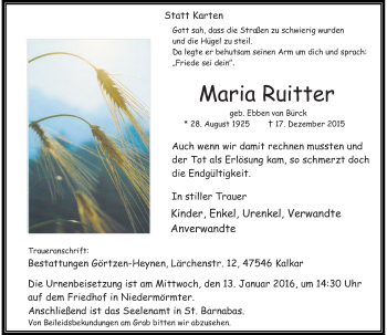 Todesanzeige von Maria Ruitter von Rheinische Post
