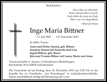Todesanzeige von Inge Maria Bittner von Rheinische Post