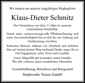 Todesanzeige von Klaus-Dieter Schmitz von Rheinische Post