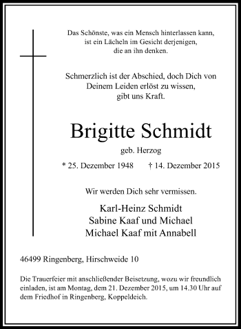 Todesanzeige von Brigitte Schmidt von Rheinische Post