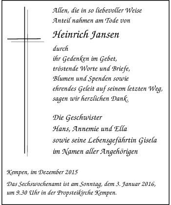 Todesanzeige von Heinrich Jansen von Rheinische Post