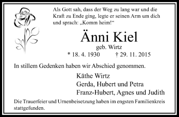 Todesanzeige von Änni Kiel von Rheinische Post