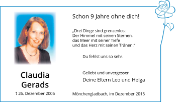 Todesanzeige von Claudia Gerads von Rheinische Post