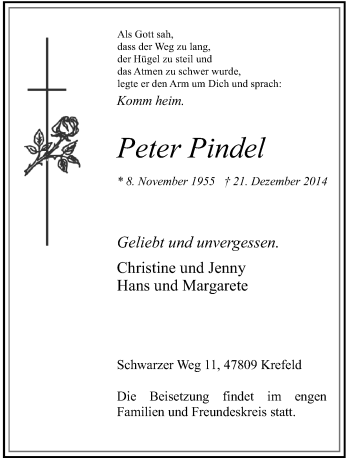 Todesanzeige von Peter Pindel von Rheinische Post