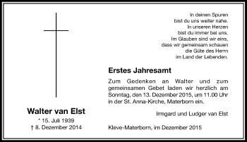 Todesanzeige von Walter van Elst von Rheinische Post
