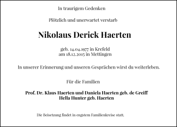 Todesanzeige von Nikolaus Derick Haerten von Rheinische Post