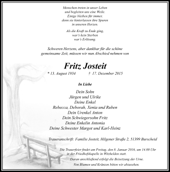 Todesanzeige von Fritz Josteit von Rheinische Post