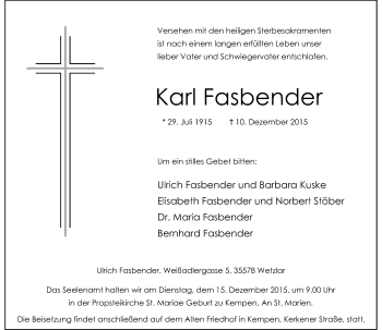 Todesanzeige von Karl Fasbender von Rheinische Post