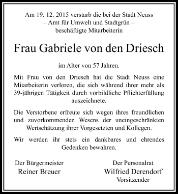 Todesanzeige von Gabriele von den Driesch von Rheinische Post