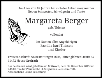 Todesanzeige von Margareta Berger von Rheinische Post