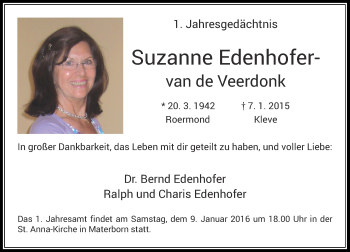 Todesanzeige von Suzanne Edenhofer-van de Veerdonk von Rheinische Post