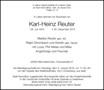 Todesanzeige von Karl-Heinz Reuter von Rheinische Post