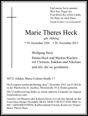 Todesanzeige von Marie Theres Heck von Rheinische Post