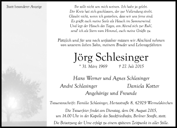 Todesanzeige von Jörg Schlesinger von Rheinische Post