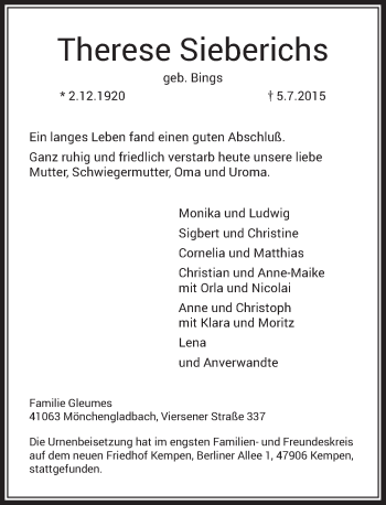 Todesanzeige von Therese Sieberichs von Rheinische Post
