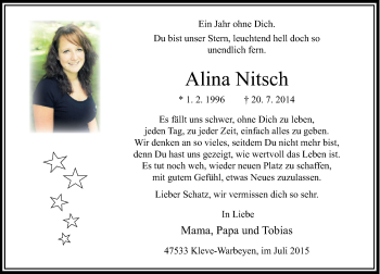 Todesanzeige von Alina Nitsch von Rheinische Post