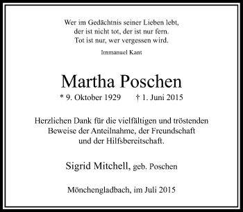 Todesanzeige von Martha Poschen von Rheinische Post
