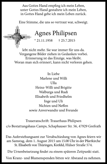 Todesanzeige von Agnes Philipsen von Rheinische Post