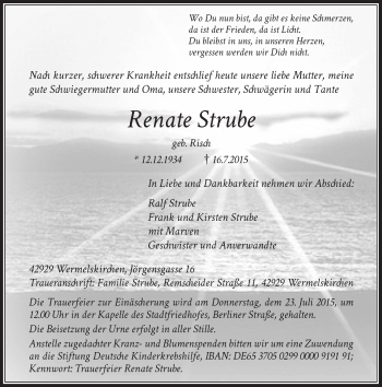 Todesanzeige von Renate Strube von Rheinische Post