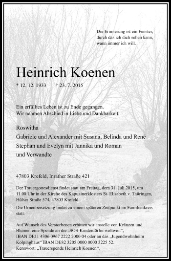 Todesanzeige von Heinrich Koenen von Rheinische Post