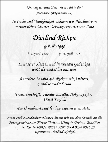 Todesanzeige von Dietlind Ricken von Rheinische Post