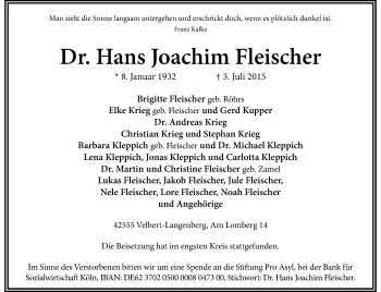 Todesanzeige von Hans Joachim Fleischer von Rheinische Post