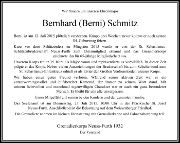 Todesanzeige von Bernhard Schmitz von Rheinische Post