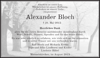 Todesanzeige von Alexander Bloch von Rheinische Post