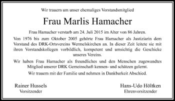 Todesanzeige von Marlis Hamacher von Rheinische Post
