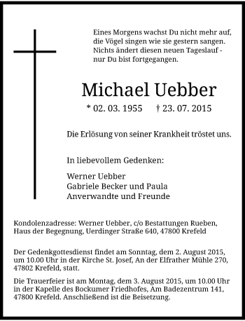 Todesanzeige von Michael Uebber von Rheinische Post