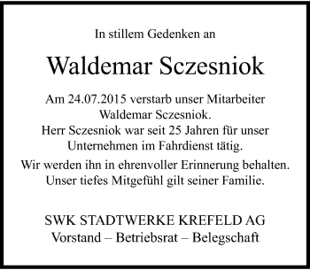 Todesanzeige von Waldemar Sczesniok von Rheinische Post