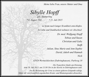 Todesanzeige von Sibylle Hopff von Rheinische Post