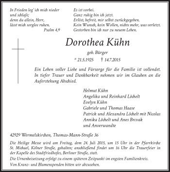 Todesanzeige von Dorothea Kühn von Rheinische Post